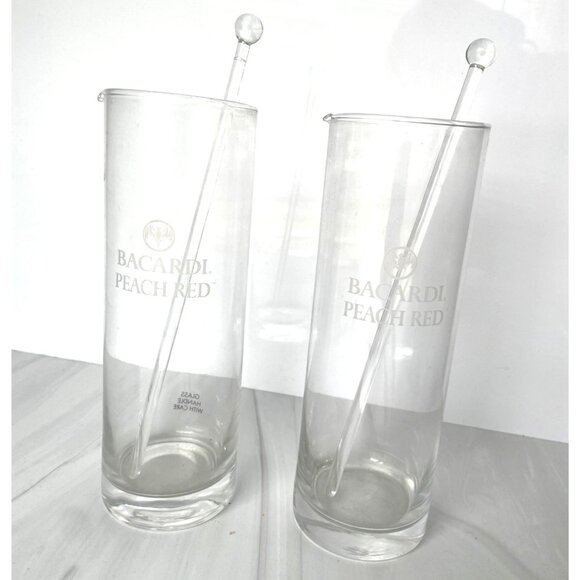 Set Of 2 Bacardi Peach Red Glasses With Stirrers 8.5" Tall Barware Cocktail Drin - Picture 1 of 5